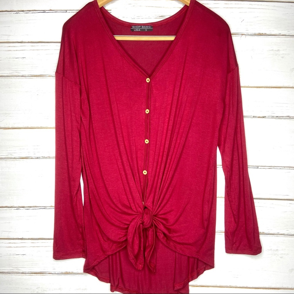 Bailey Button Down Tie Front Top Wine - Picture 2 of 6
